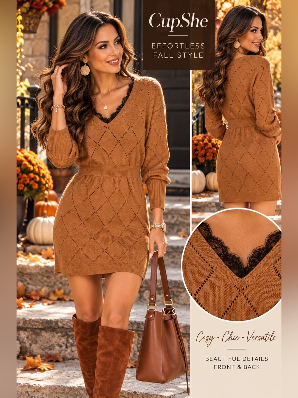NWT Cupshe Lace Diamond-Stitched Sweater Dress Rust Pointelle Knit Size L